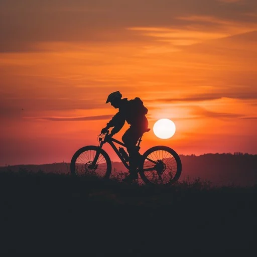A serene cycling path winding through a peaceful landscape at dusk
